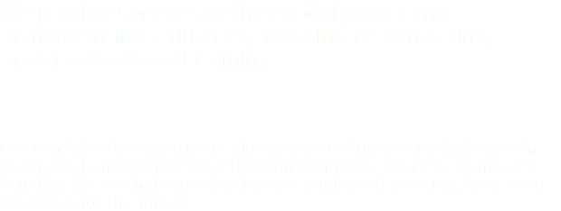 We provide services to the capital goods and manufacturing industries, focusing on consulting, machine trade and training. Our considerable expertise in plastics processing and related areas in mechanical and plant engineering can bring your business significant benefits. We can help you develop and implement practical, long-term strategies for the future.